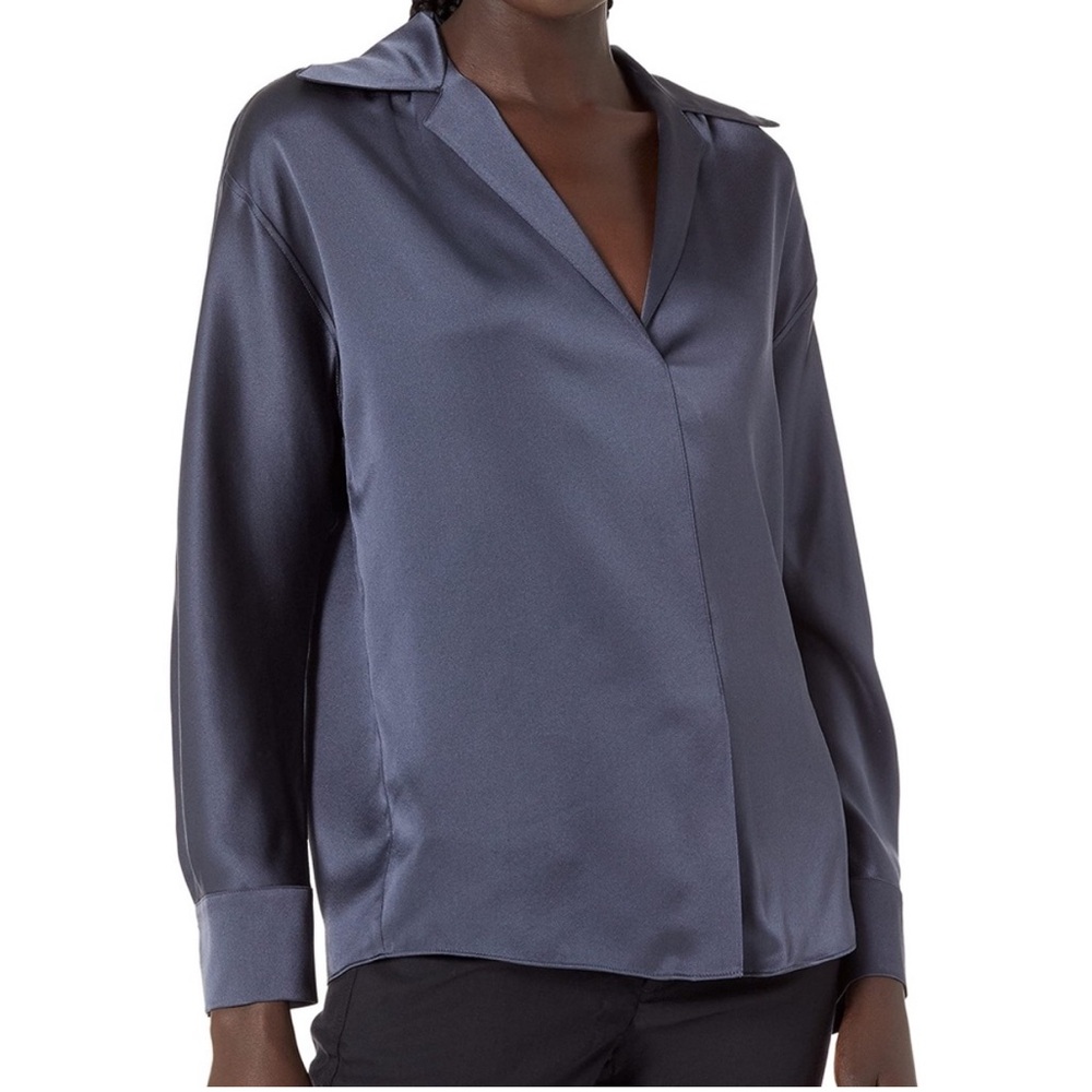 Vince Long Sleeve Shaped Collar Silk Pullover Blouse in Dark Water - Size Medium